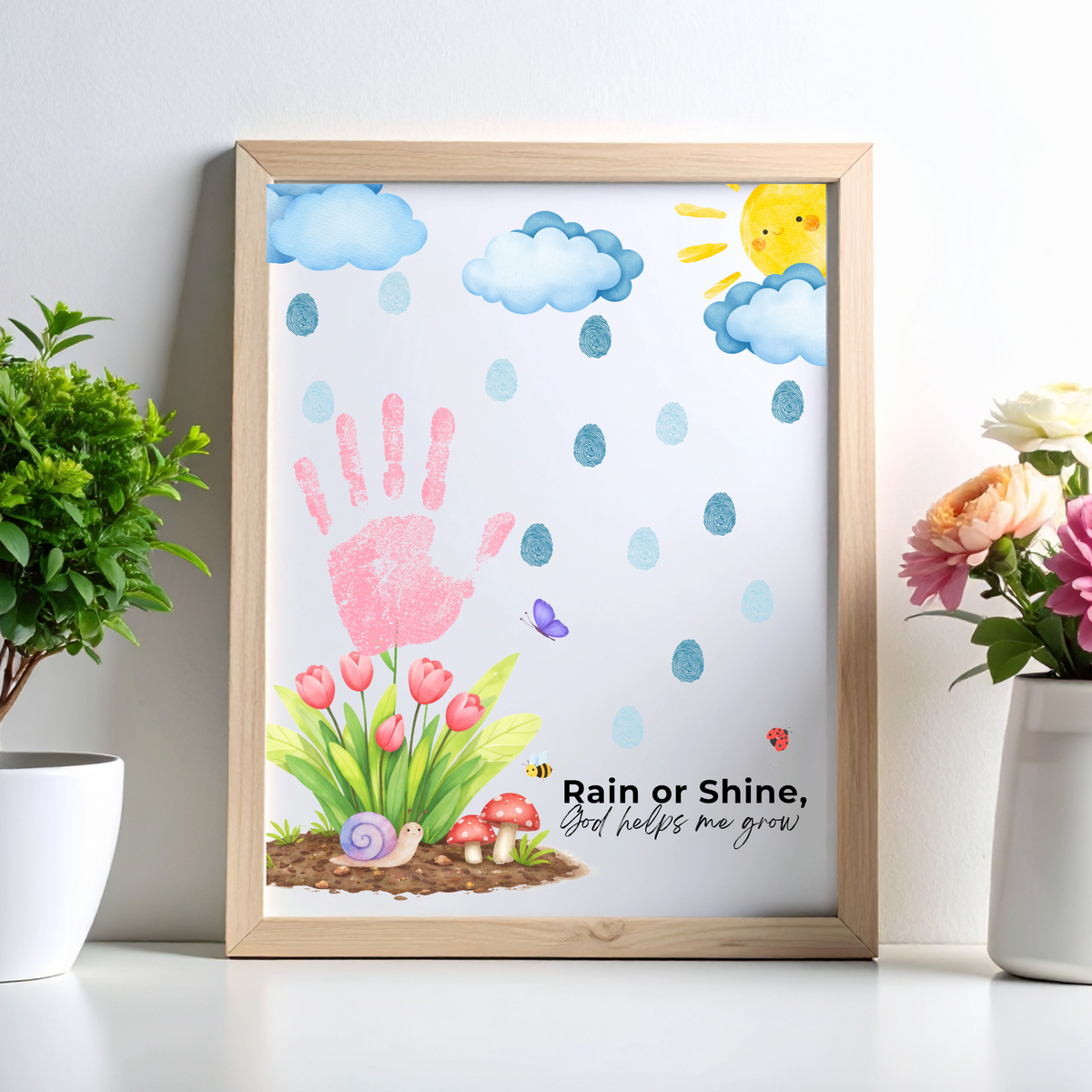 Rain or Shine Handprint Craft Printable | “God Helps Me Grow” Spring Faith-Based Activity | Preschool Christian Keepsake Art PDF