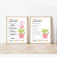 Mother’s Day Handprint Craft Printable | I Love My Mom Bee-cause Fill-in-the-Blank Keepsake | Preschool DIY Mom Gift | Kids Writing Activity PDF