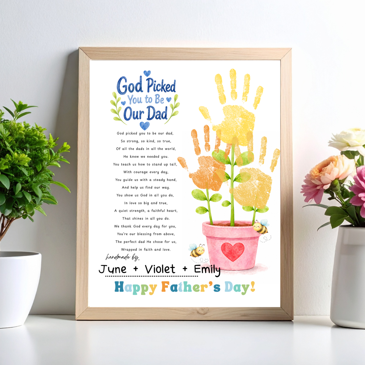 Christian Father’s Day Handprint Craft Printable | God Picked You to Be My Dad | Faith-Based Dad Keepsake Gift from Kids | Preschool DIY Handprint Art PDF