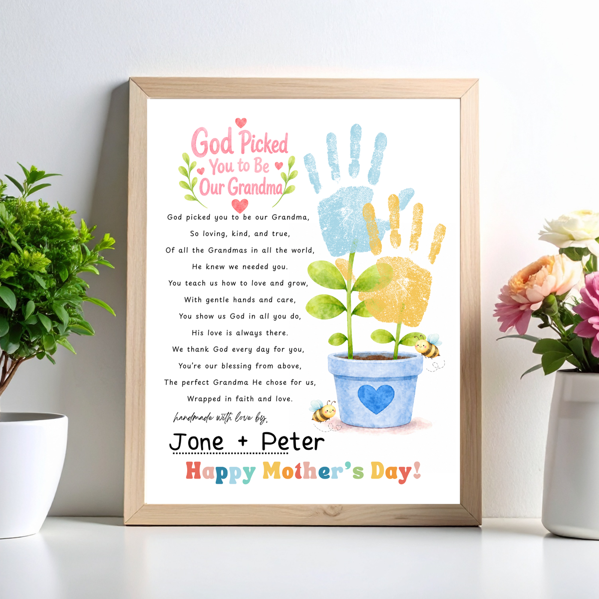 God Picked You to Be Our Grandma Handprint Craft Printable | Christian Mother’s Day Gift for Grandma | Flower Keepsake from Grandkids | Faith Based Grandma Gift