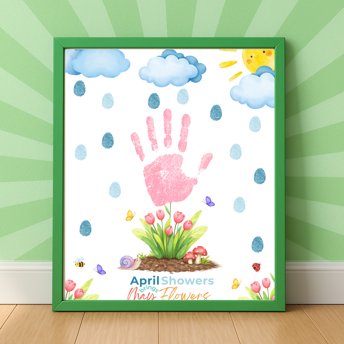 April Showers Bring May Flowers Handprint Craft Printable | Spring Preschool Activity | Fingerprint Raindrop Art | Kids Seasonal Keepsake PDF