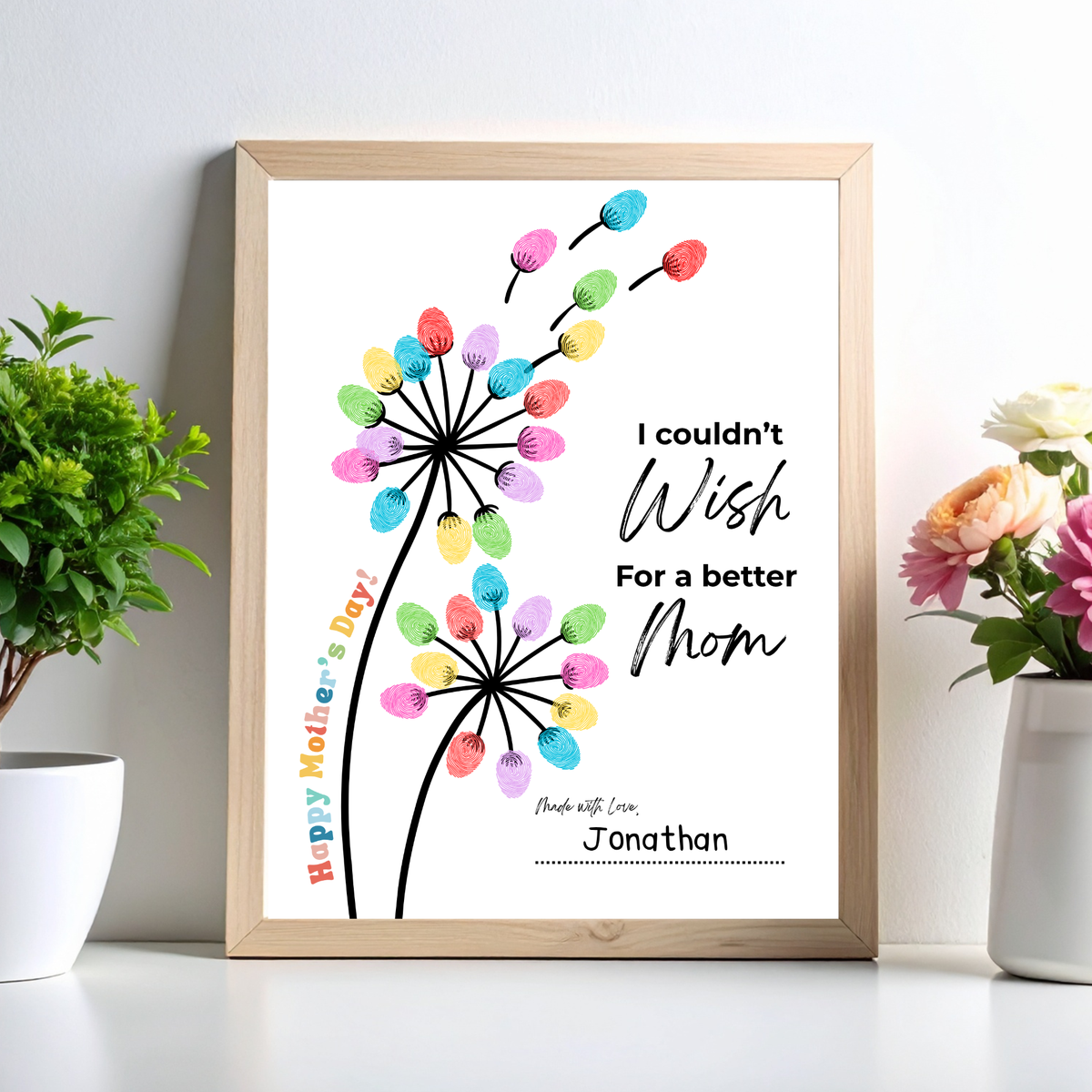 Mother’s Day Fingerprint Craft Printable | I Couldn’t Wish for a Better Mom Keepsake | Preschool DIY Mom Gift | Dandelion Fingerprint Art PDF