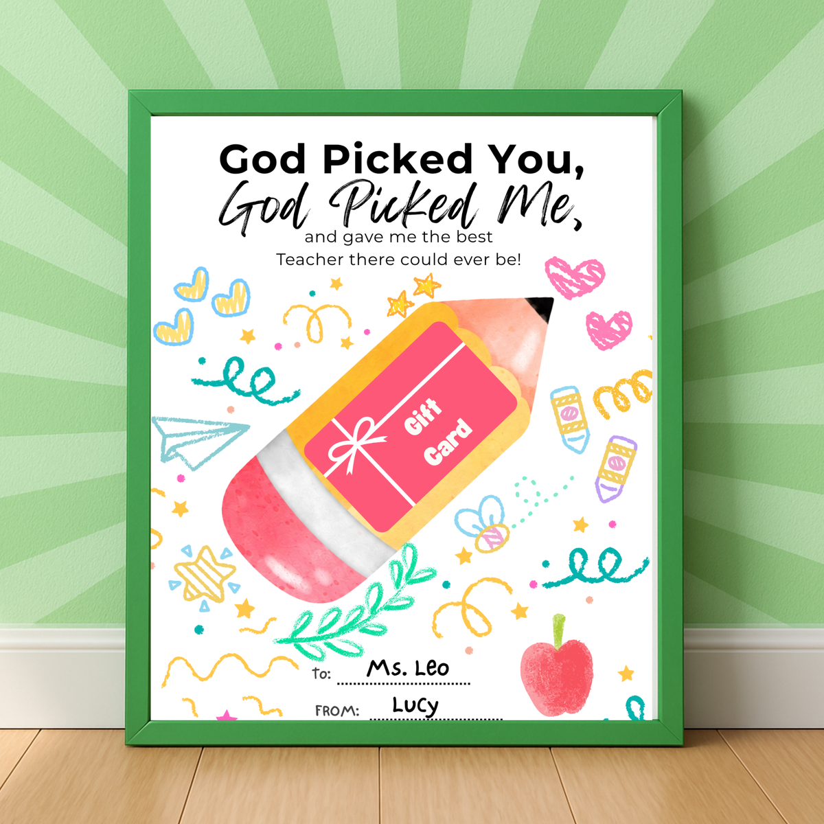 Christian Teacher Appreciation Gift Card Holder Printable, God Picked You God Picked Me Teacher Gift, End of School Teacher Thank You Card, Instant Download