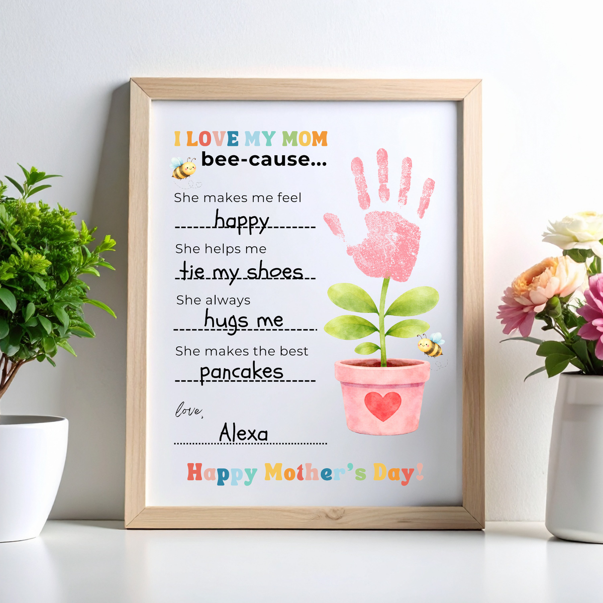 Mother’s Day Handprint Craft Printable | I Love My Mom Bee-cause Fill-in-the-Blank Keepsake | Preschool DIY Mom Gift | Kids Writing Activity PDF