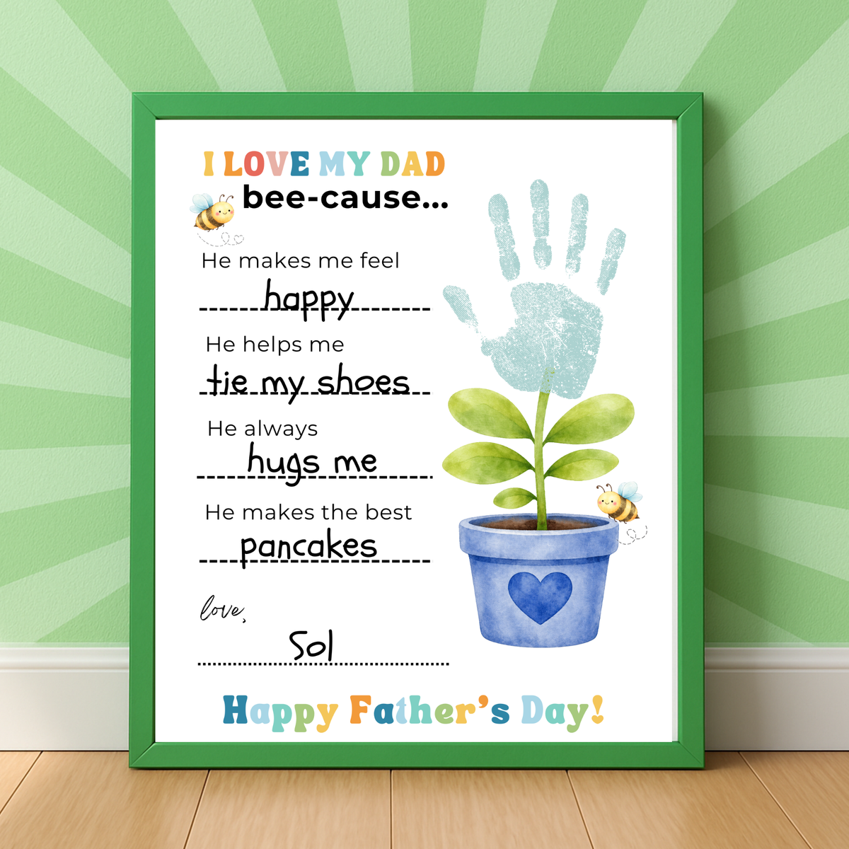 Father’s Day Handprint Craft Printable | I Love My Dad Bee-cause Worksheet | Fill-in-the-Blank Keepsake Gift from Kids | Preschool DIY Art PDF