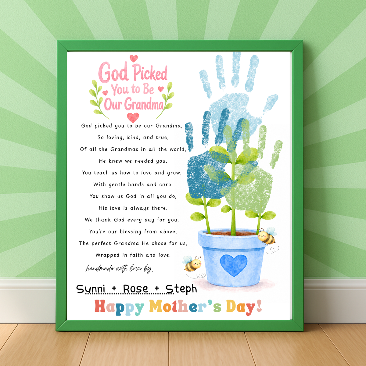 God Picked You to Be Our Grandma Handprint Craft Printable | Christian Mother’s Day Gift for Grandma | Flower Keepsake from Grandkids | Faith Based Grandma Gift