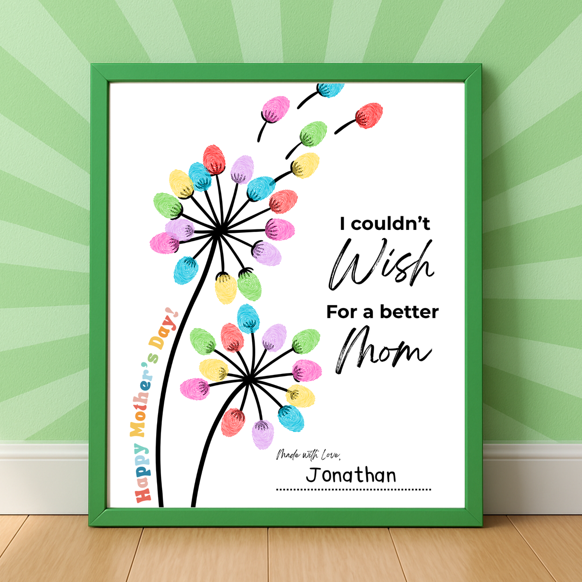 Mother’s Day Fingerprint Craft Printable | I Couldn’t Wish for a Better Mom Keepsake | Preschool DIY Mom Gift | Dandelion Fingerprint Art PDF