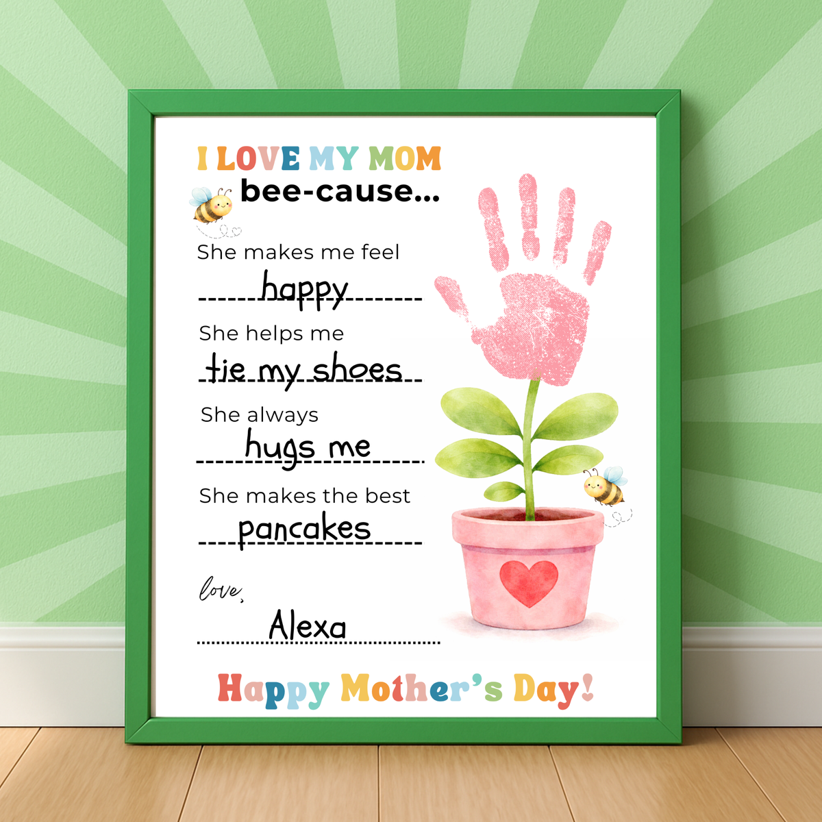 Mother’s Day Handprint Craft Printable | I Love My Mom Bee-cause Fill-in-the-Blank Keepsake | Preschool DIY Mom Gift | Kids Writing Activity PDF