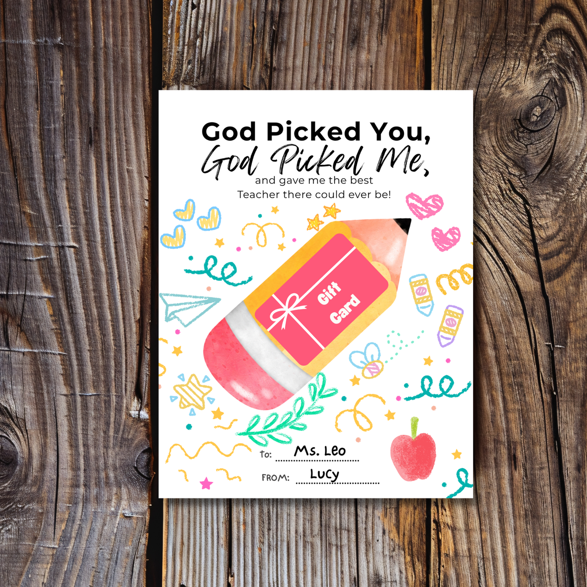 Christian Teacher Appreciation Gift Card Holder Printable, God Picked You God Picked Me Teacher Gift, End of School Teacher Thank You Card, Instant Download