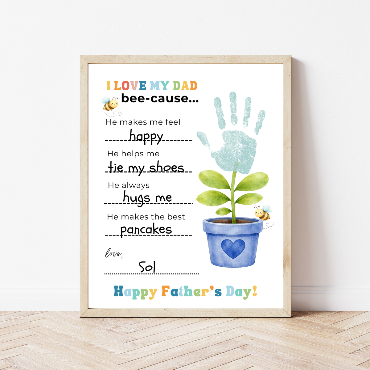 Father’s Day Handprint Craft Printable | I Love My Dad Bee-cause Worksheet | Fill-in-the-Blank Keepsake Gift from Kids | Preschool DIY Art PDF