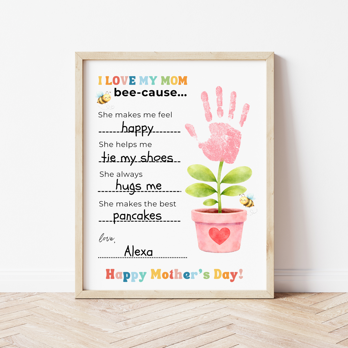 Mother’s Day Handprint Craft Printable | I Love My Mom Bee-cause Fill-in-the-Blank Keepsake | Preschool DIY Mom Gift | Kids Writing Activity PDF