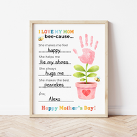 Mother’s Day Handprint Craft Printable | I Love My Mom Bee-cause Fill-in-the-Blank Keepsake | Preschool DIY Mom Gift | Kids Writing Activity PDF