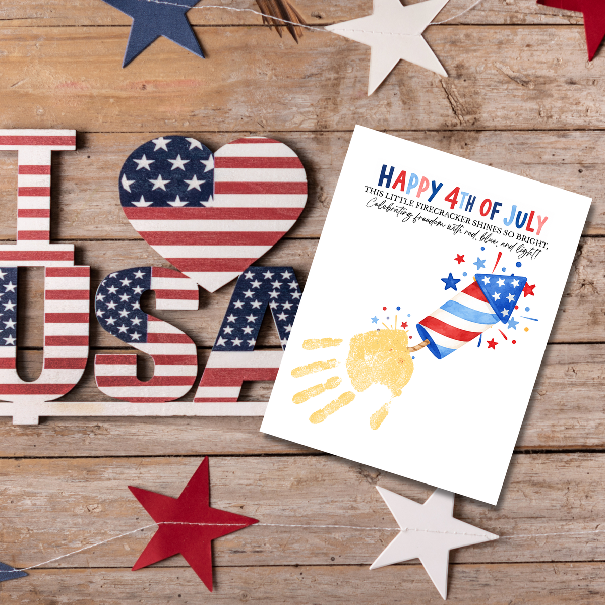 Happy 4th of July Firecracker Handprint Craft Printable | Patriotic Firecracker Handprint Art | Independence Day Keepsake Activity for Kids