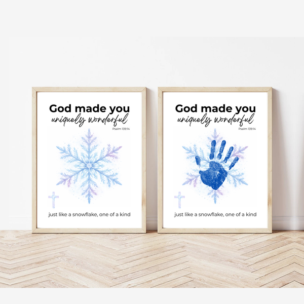 God Made You Uniquely Wonderful Snowflake Handprint Printable | Faith Based Winter Keepsake | Psalm 139:14 Christian Kids Art