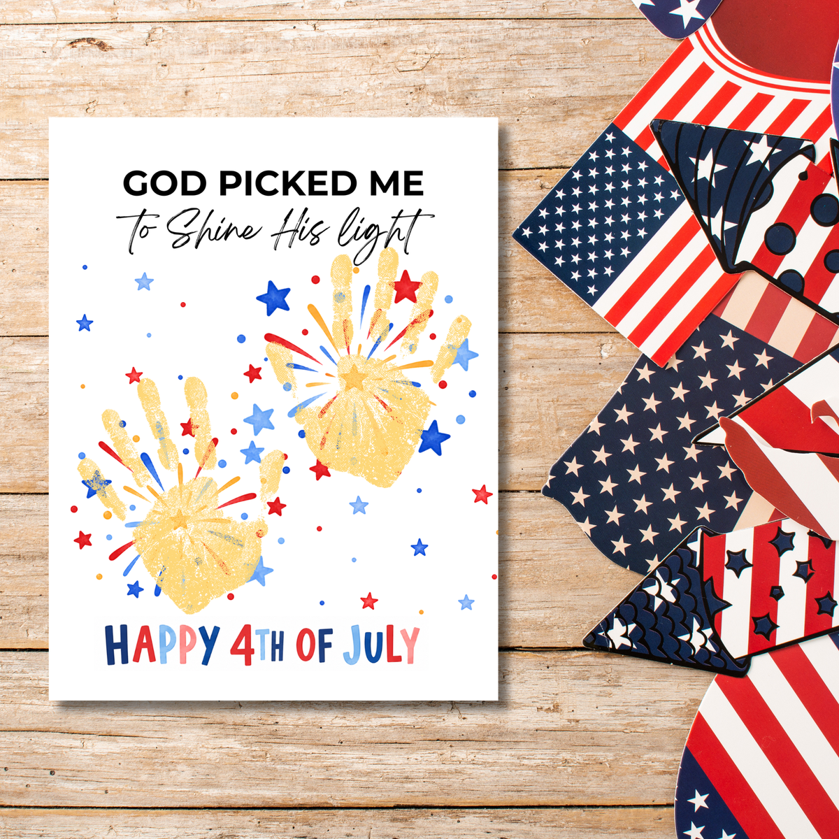 Christian 4th of July Handprint Craft Printable | God Picked Me to Shine His Light | Faith-Based Independence Day Keepsake for Kids