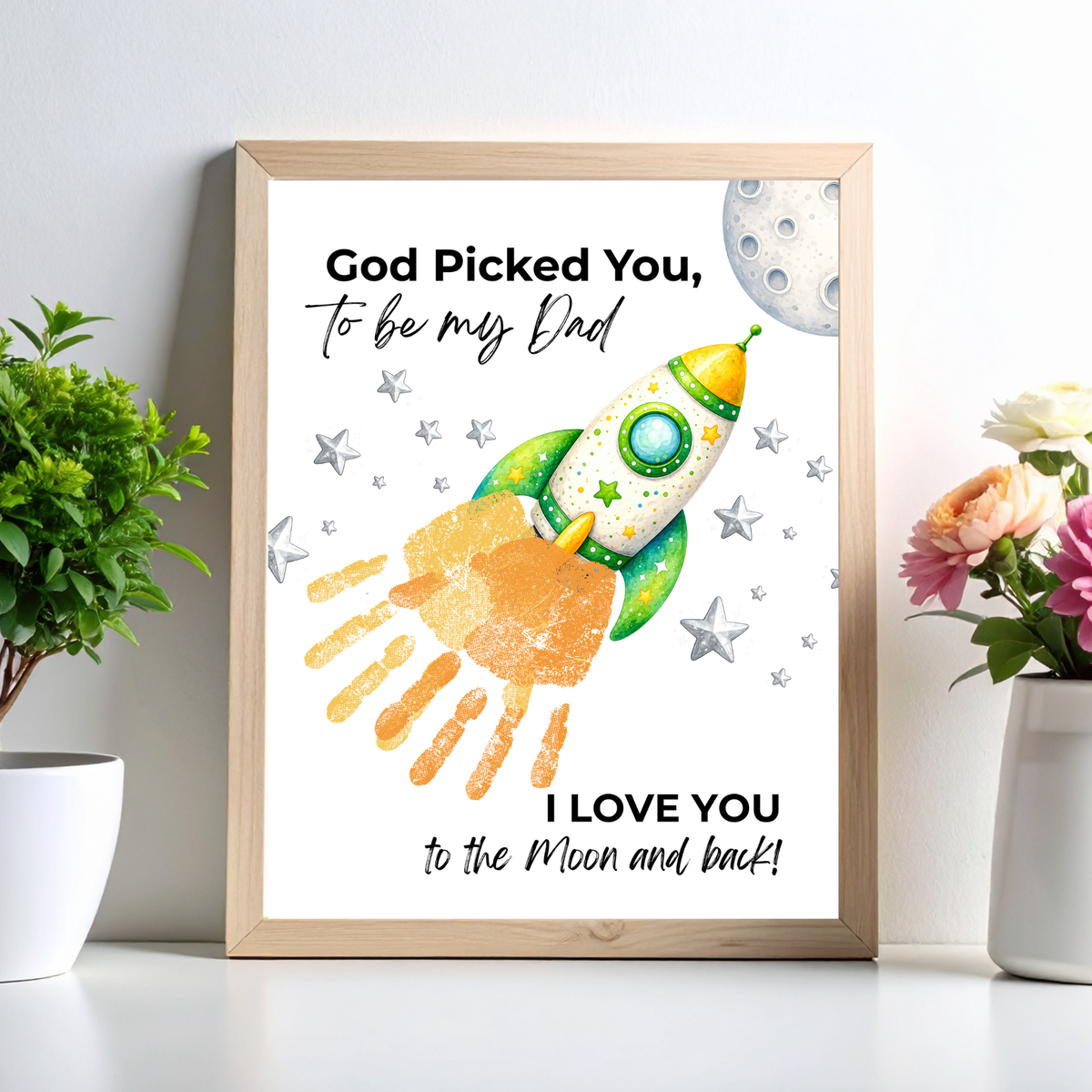 God Picked You to Be My Dad Rocket Handprint Craft Printable, Father’s Day Space Keepsake Gift from Kids