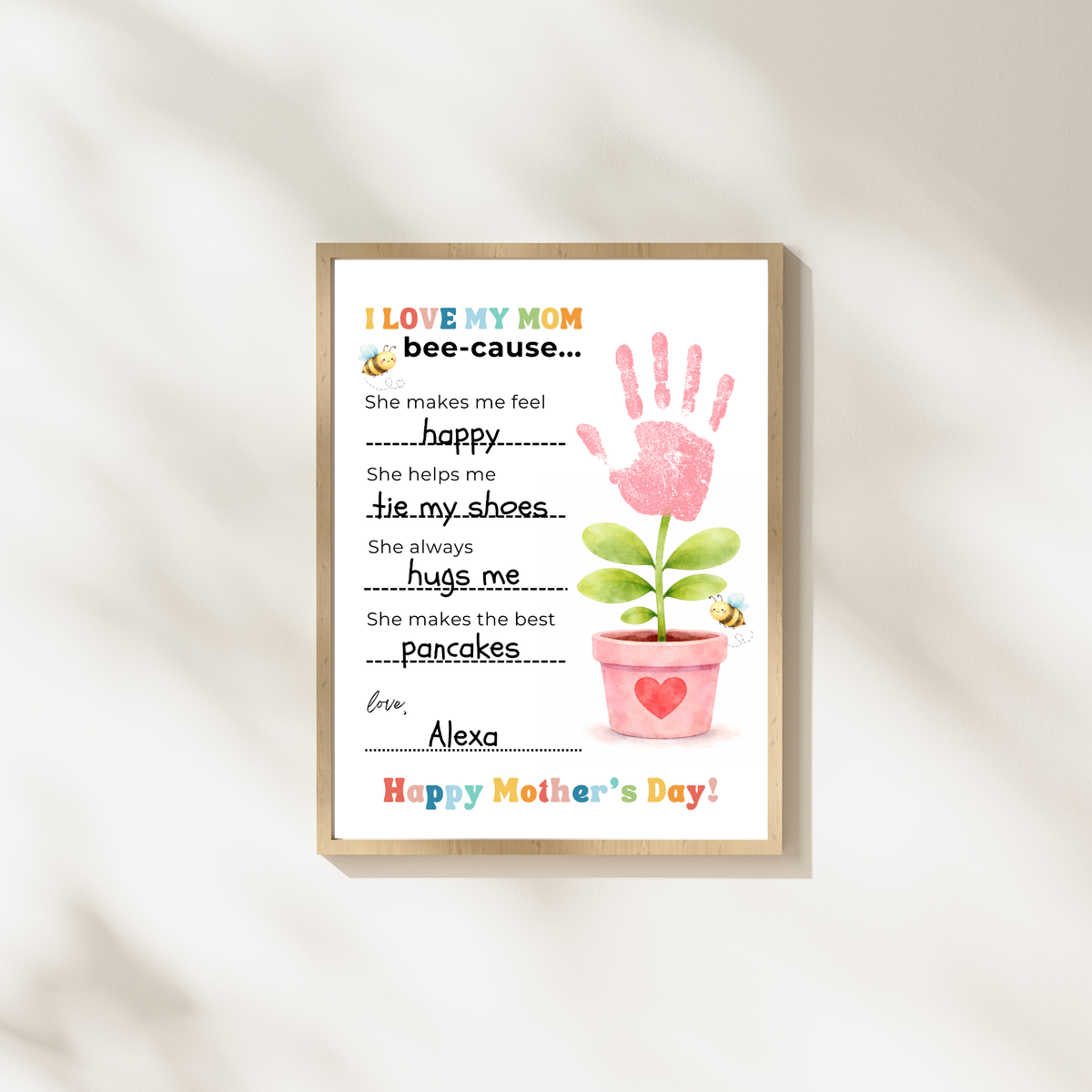 Mother’s Day Handprint Craft Printable | I Love My Mom Bee-cause Fill-in-the-Blank Keepsake | Preschool DIY Mom Gift | Kids Writing Activity PDF
