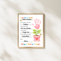 Mother’s Day Handprint Craft Printable | I Love My Mom Bee-cause Fill-in-the-Blank Keepsake | Preschool DIY Mom Gift | Kids Writing Activity PDF