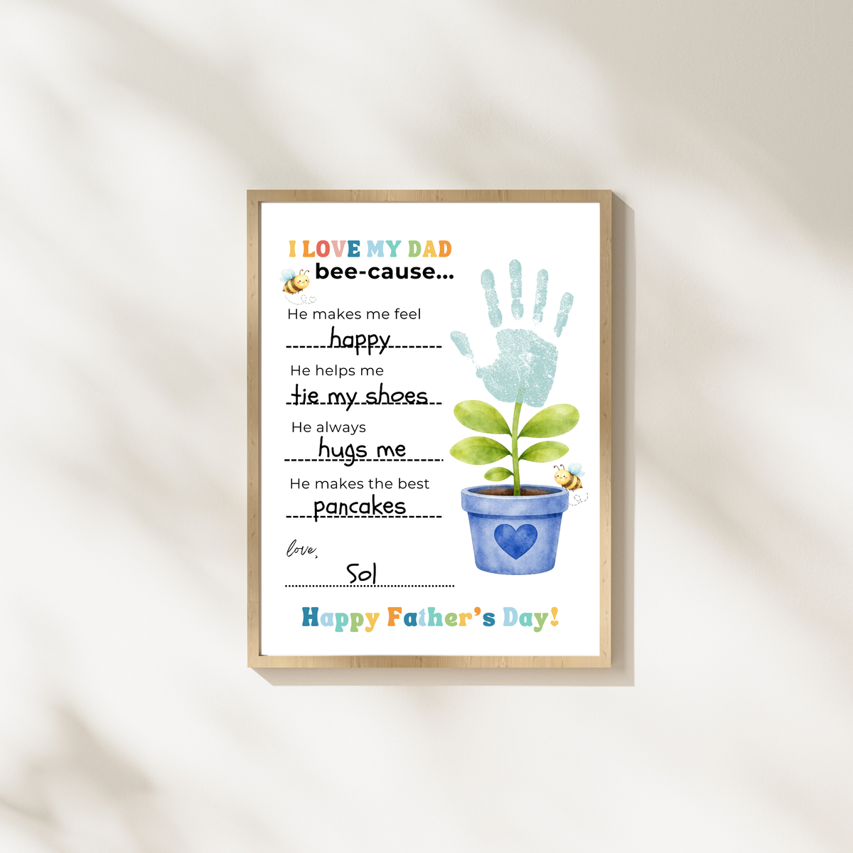 Father’s Day Handprint Craft Printable | I Love My Dad Bee-cause Worksheet | Fill-in-the-Blank Keepsake Gift from Kids | Preschool DIY Art PDF
