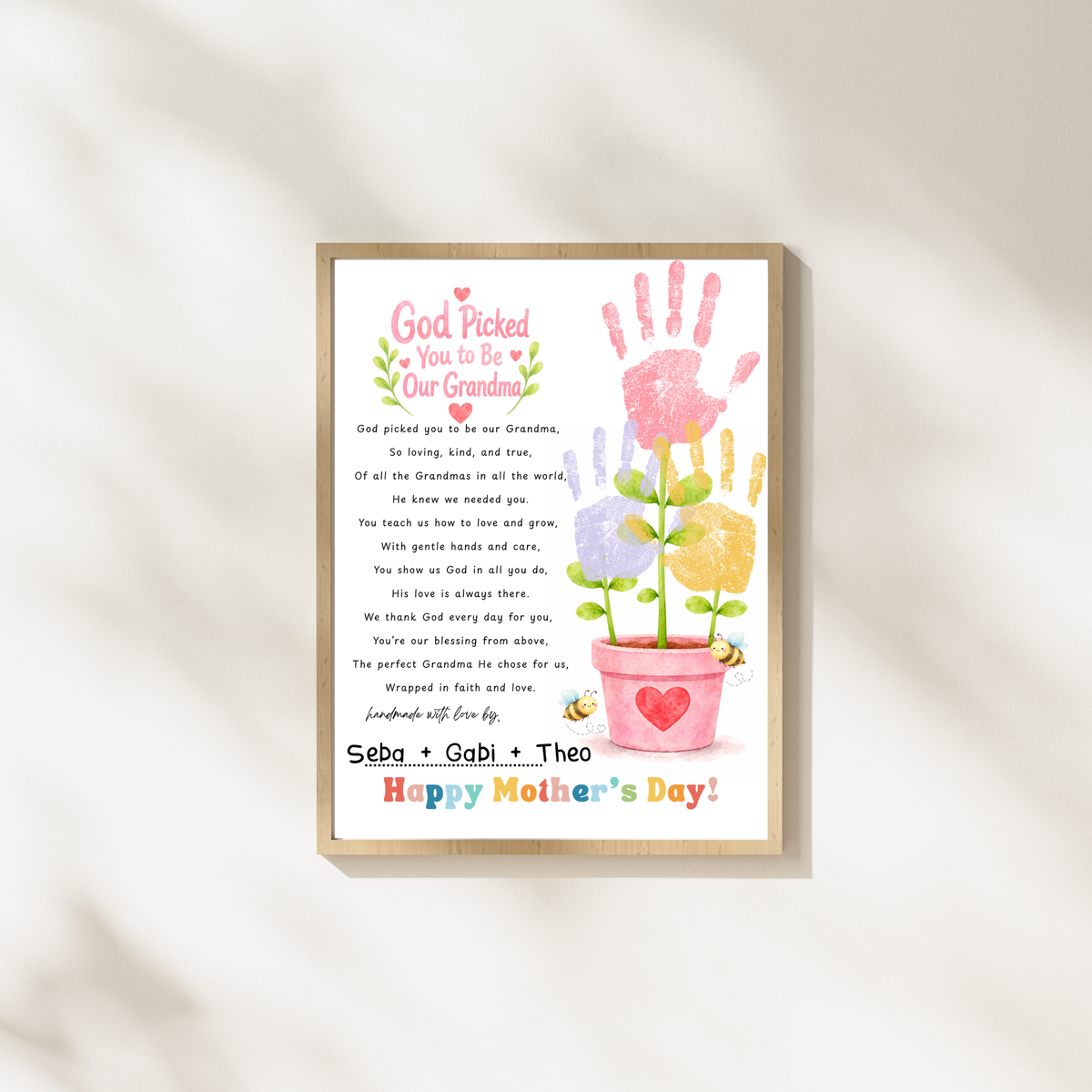 God Picked You to Be Our Grandma Handprint Craft Printable | Christian Mother’s Day Gift for Grandma | Flower Keepsake from Grandkids | Faith Based Grandma Gift
