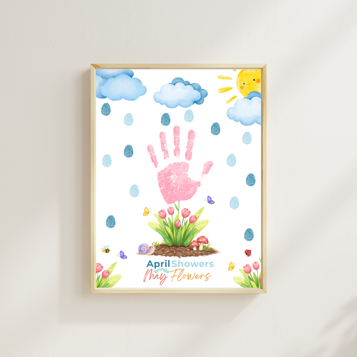 April Showers Bring May Flowers Handprint Craft Printable | Spring Preschool Activity | Fingerprint Raindrop Art | Kids Seasonal Keepsake PDF