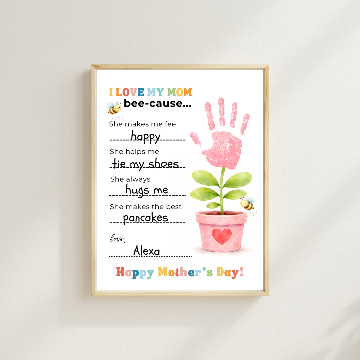 Mother’s Day Handprint Craft Printable | I Love My Mom Bee-cause Fill-in-the-Blank Keepsake | Preschool DIY Mom Gift | Kids Writing Activity PDF