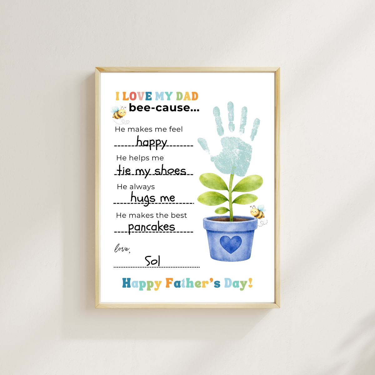 Father’s Day Handprint Craft Printable | I Love My Dad Bee-cause Worksheet | Fill-in-the-Blank Keepsake Gift from Kids | Preschool DIY Art PDF
