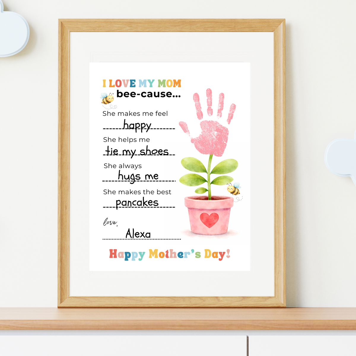 Mother’s Day Handprint Craft Printable | I Love My Mom Bee-cause Fill-in-the-Blank Keepsake | Preschool DIY Mom Gift | Kids Writing Activity PDF