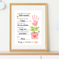 Mother’s Day Handprint Craft Printable | I Love My Mom Bee-cause Fill-in-the-Blank Keepsake | Preschool DIY Mom Gift | Kids Writing Activity PDF