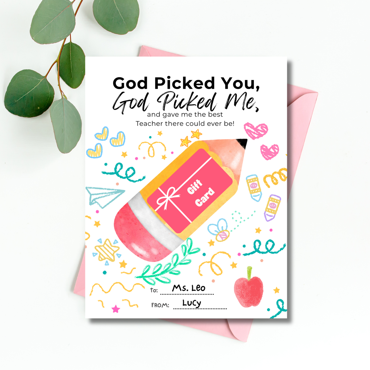 Christian Teacher Appreciation Gift Card Holder Printable, God Picked You God Picked Me Teacher Gift, End of School Teacher Thank You Card, Instant Download