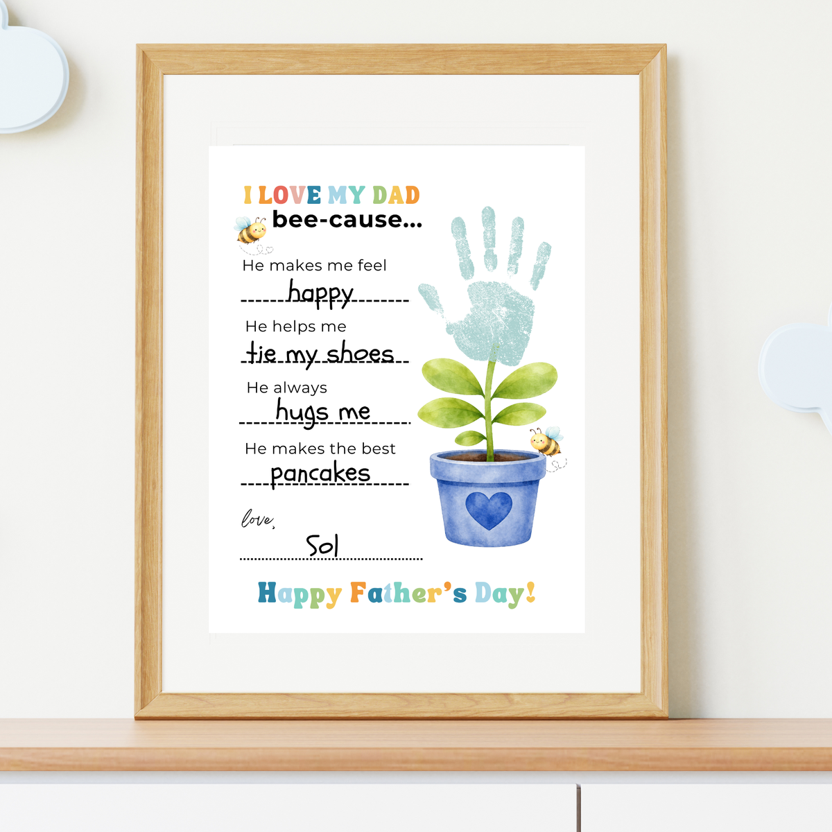 Father’s Day Handprint Craft Printable | I Love My Dad Bee-cause Worksheet | Fill-in-the-Blank Keepsake Gift from Kids | Preschool DIY Art PDF