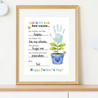 Father’s Day Handprint Craft Printable | I Love My Dad Bee-cause Worksheet | Fill-in-the-Blank Keepsake Gift from Kids | Preschool DIY Art PDF