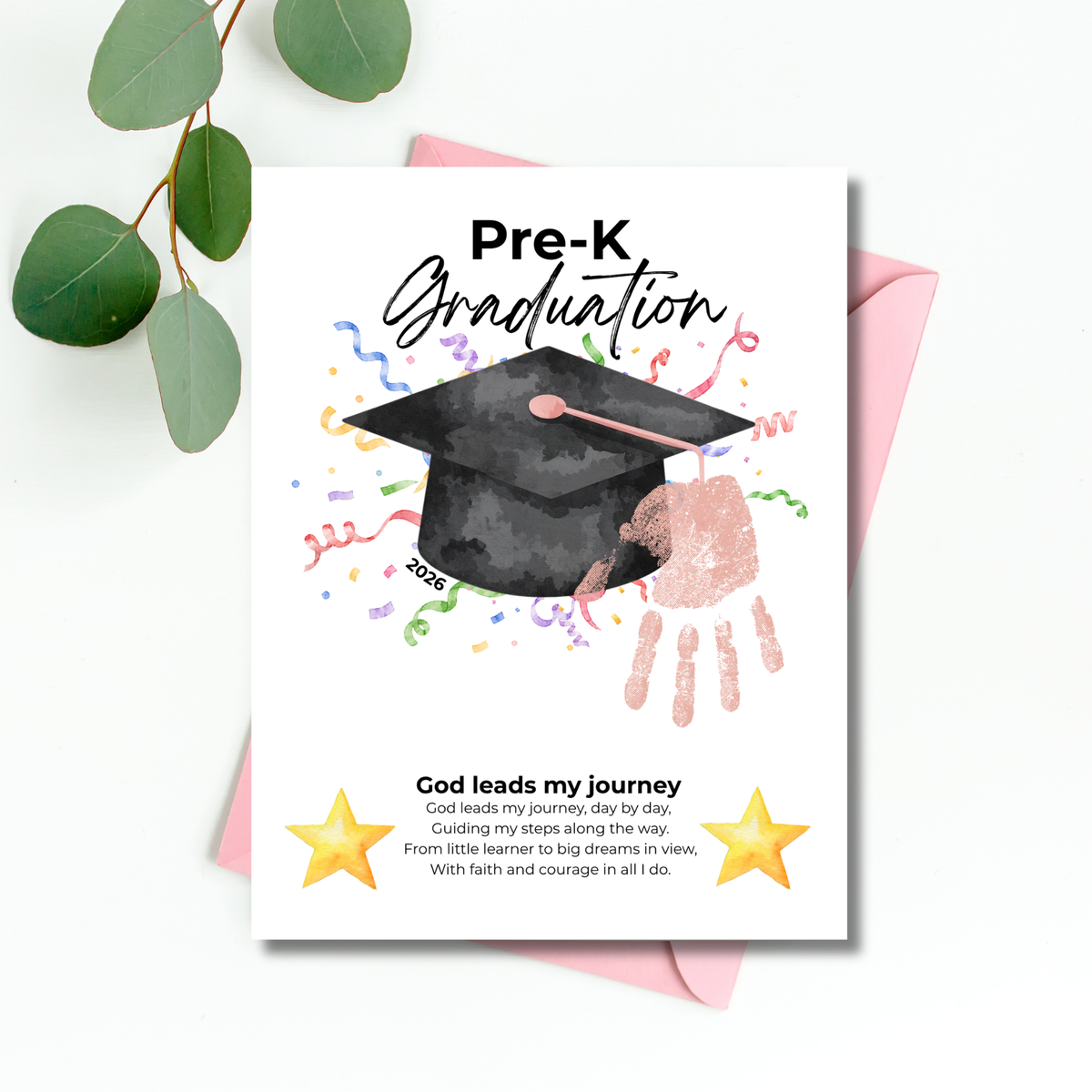 Christian Pre-K Graduation Handprint Craft Printable | Graduation Keepsake | God Leads My Journey Preschool Graduation Art | End of Year DIY PDF