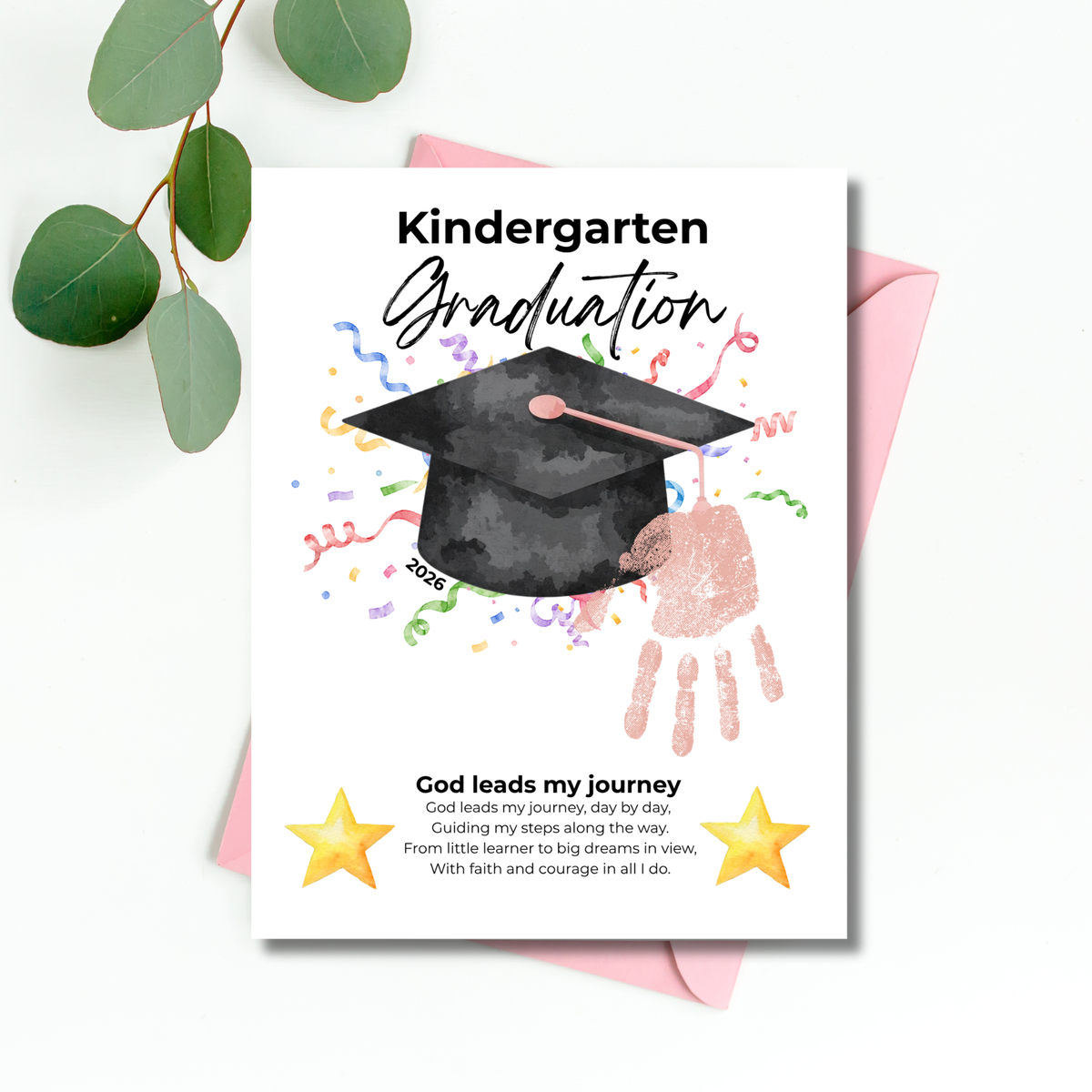 Christian Kindergarten Graduation Handprint Craft Printable | Graduation Keepsake | God Leads My Journey Kinder Graduation Art | End of Year DIY PDF