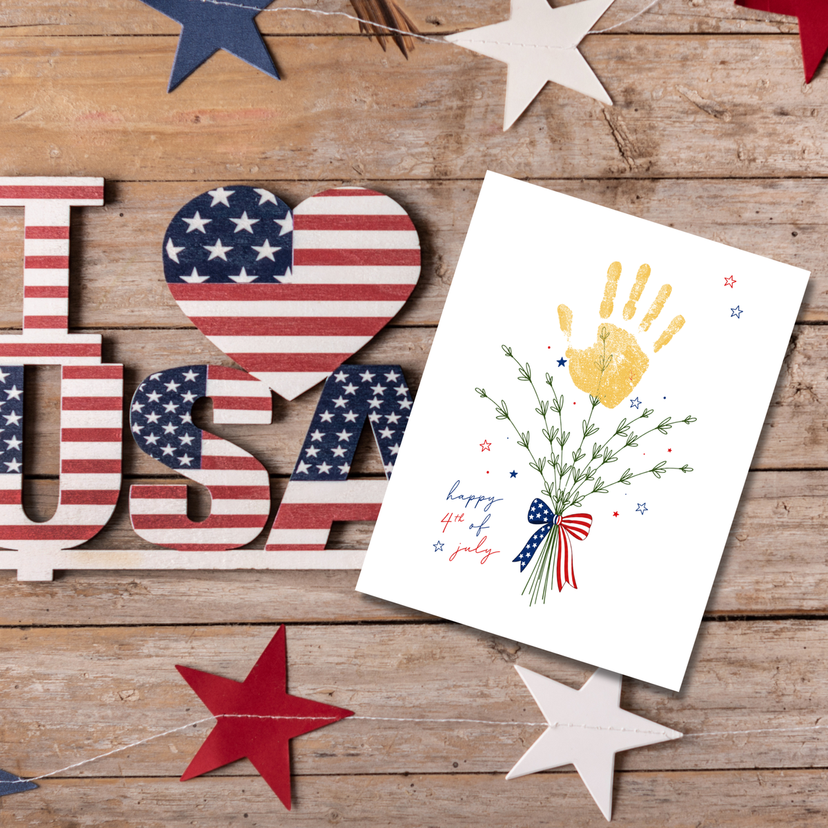 Patriotic Handprint Bouquet Craft Printable | 4th of July Handprint Flowers | Happy Independence Day Keepsake | America 250 Kids Activity