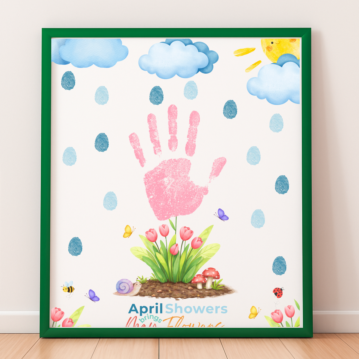 April Showers Bring May Flowers Handprint Craft Printable | Spring Preschool Activity | Fingerprint Raindrop Art | Kids Seasonal Keepsake PDF