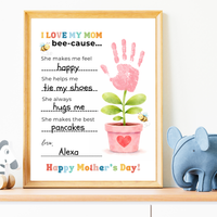 Mother’s Day Handprint Craft Printable | I Love My Mom Bee-cause Fill-in-the-Blank Keepsake | Preschool DIY Mom Gift | Kids Writing Activity PDF