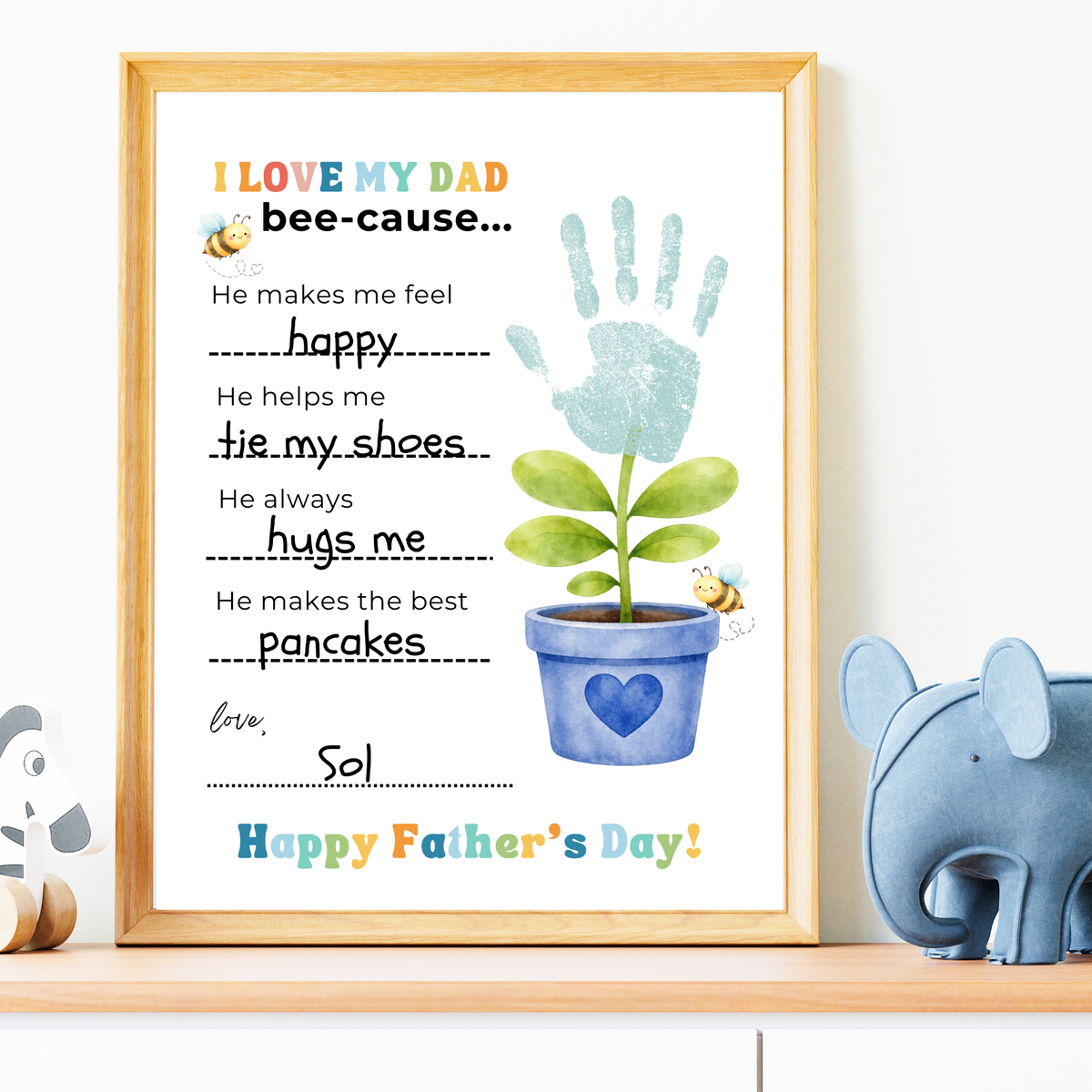 Father’s Day Handprint Craft Printable | I Love My Dad Bee-cause Worksheet | Fill-in-the-Blank Keepsake Gift from Kids | Preschool DIY Art PDF