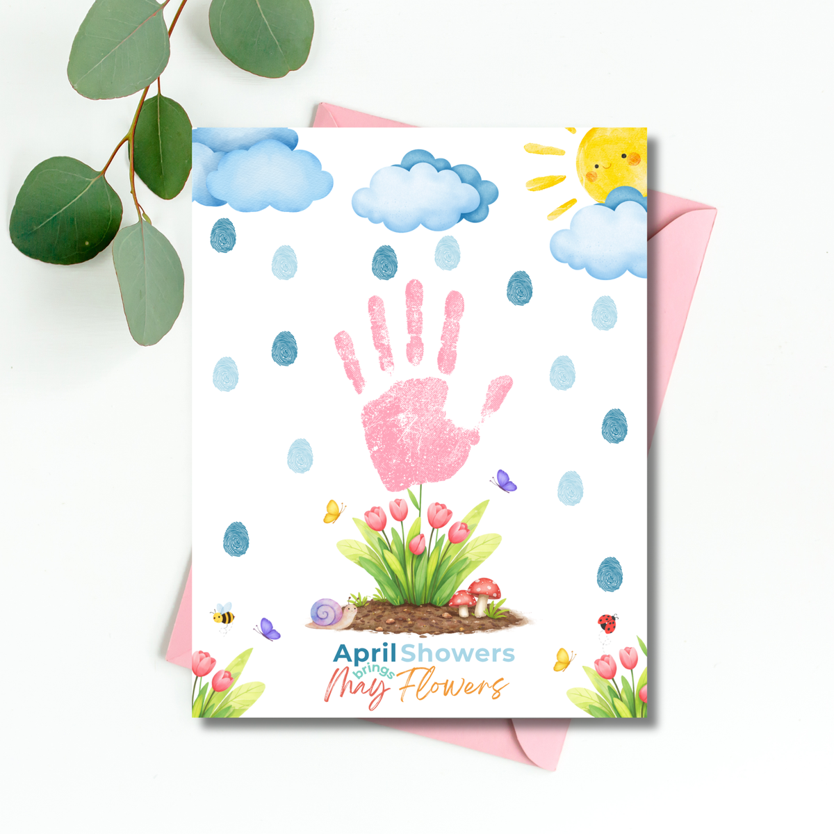 April Showers Bring May Flowers Handprint Craft Printable | Spring Preschool Activity | Fingerprint Raindrop Art | Kids Seasonal Keepsake PDF