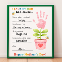 Mother’s Day Handprint Craft Printable | I Love My Mom Bee-cause Fill-in-the-Blank Keepsake | Preschool DIY Mom Gift | Kids Writing Activity PDF