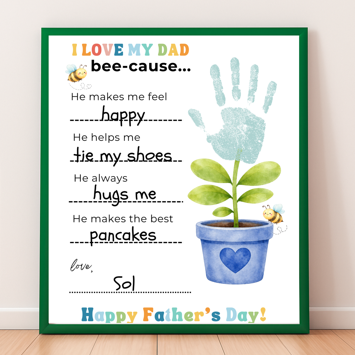 Father’s Day Handprint Craft Printable | I Love My Dad Bee-cause Worksheet | Fill-in-the-Blank Keepsake Gift from Kids | Preschool DIY Art PDF