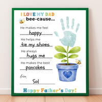 Father’s Day Handprint Craft Printable | I Love My Dad Bee-cause Worksheet | Fill-in-the-Blank Keepsake Gift from Kids | Preschool DIY Art PDF