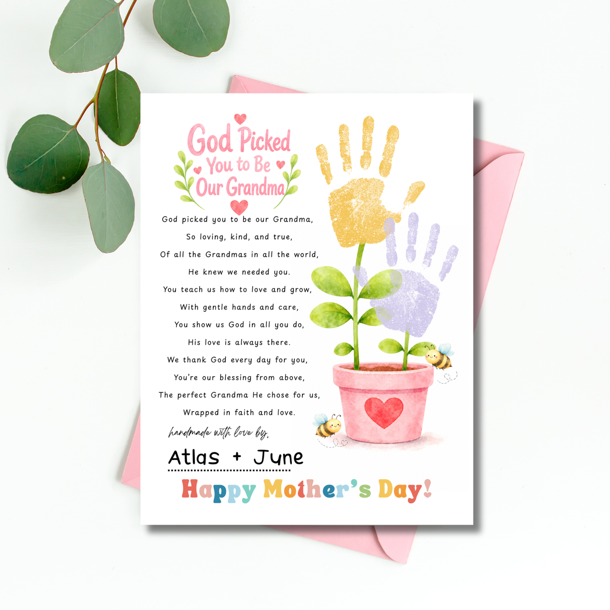 God Picked You to Be Our Grandma Handprint Craft Printable | Christian Mother’s Day Gift for Grandma | Flower Keepsake from Grandkids | Faith Based Grandma Gift