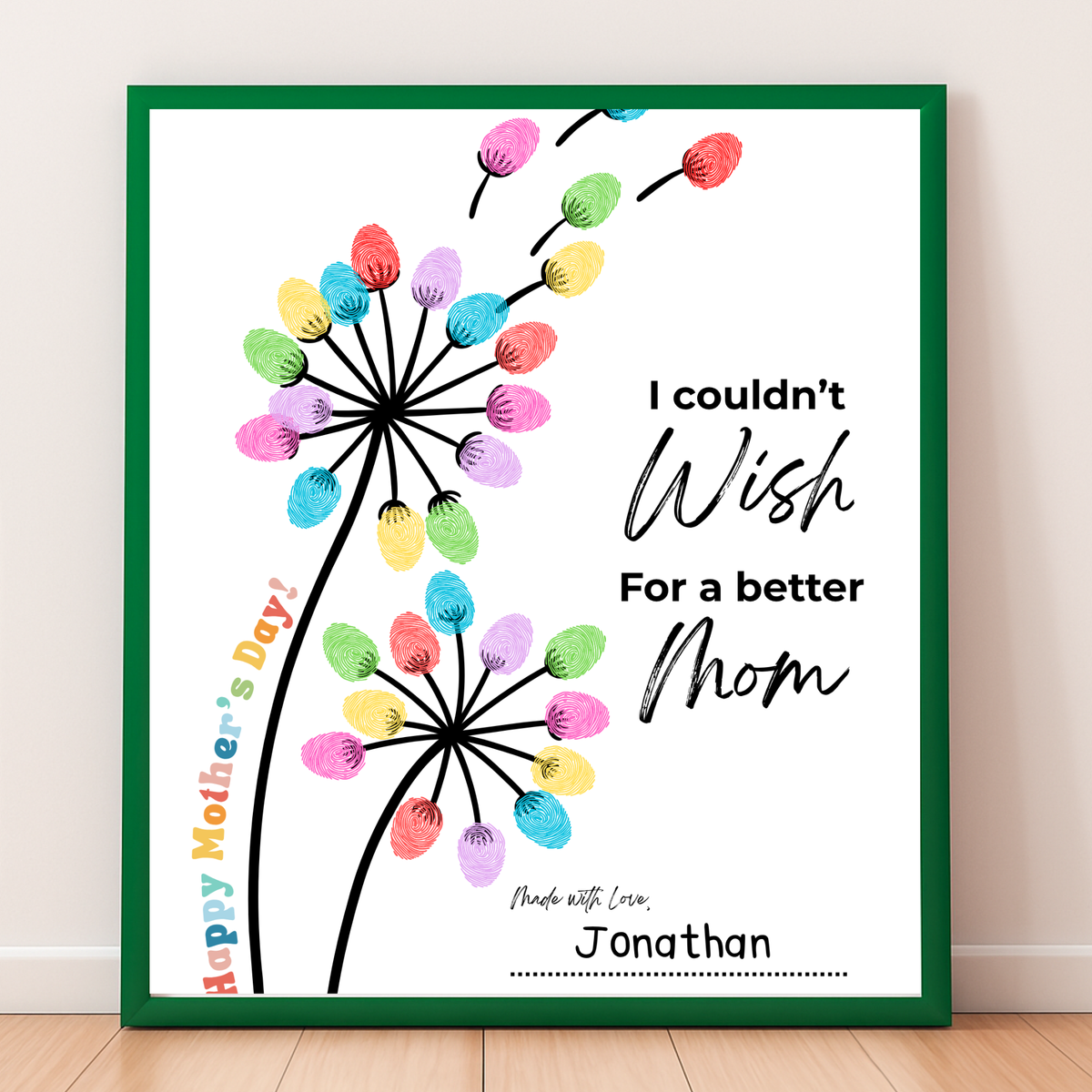 Mother’s Day Fingerprint Craft Printable | I Couldn’t Wish for a Better Mom Keepsake | Preschool DIY Mom Gift | Dandelion Fingerprint Art PDF