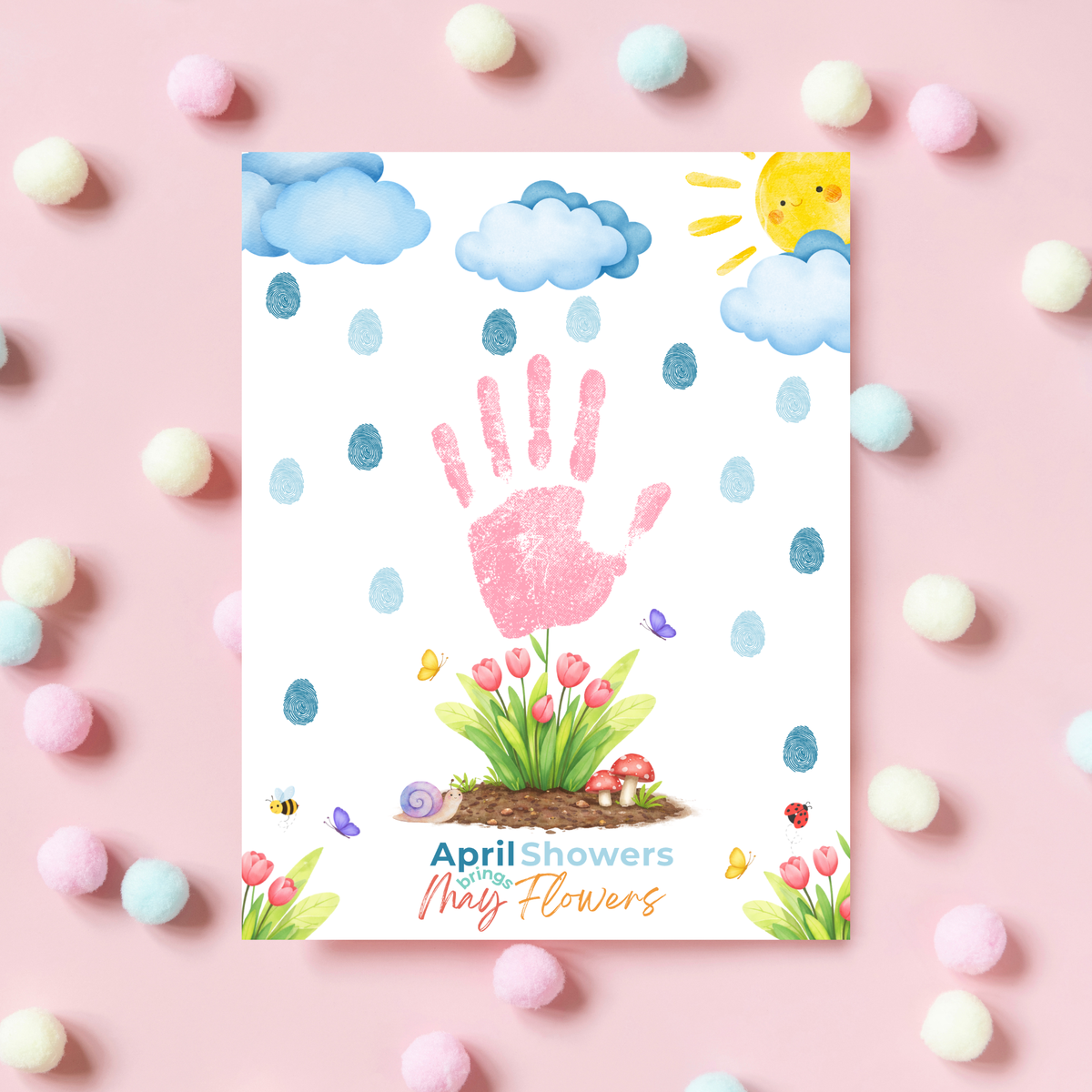 April Showers Bring May Flowers Handprint Craft Printable | Spring Preschool Activity | Fingerprint Raindrop Art | Kids Seasonal Keepsake PDF