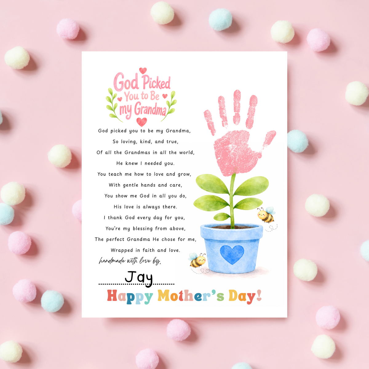 God Picked You to Be Our Grandma Handprint Craft Printable | Christian Mother’s Day Gift for Grandma | Flower Keepsake from Grandkids | Faith Based Grandma Gift
