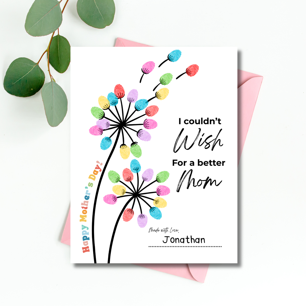 Mother’s Day Fingerprint Craft Printable | I Couldn’t Wish for a Better Mom Keepsake | Preschool DIY Mom Gift | Dandelion Fingerprint Art PDF