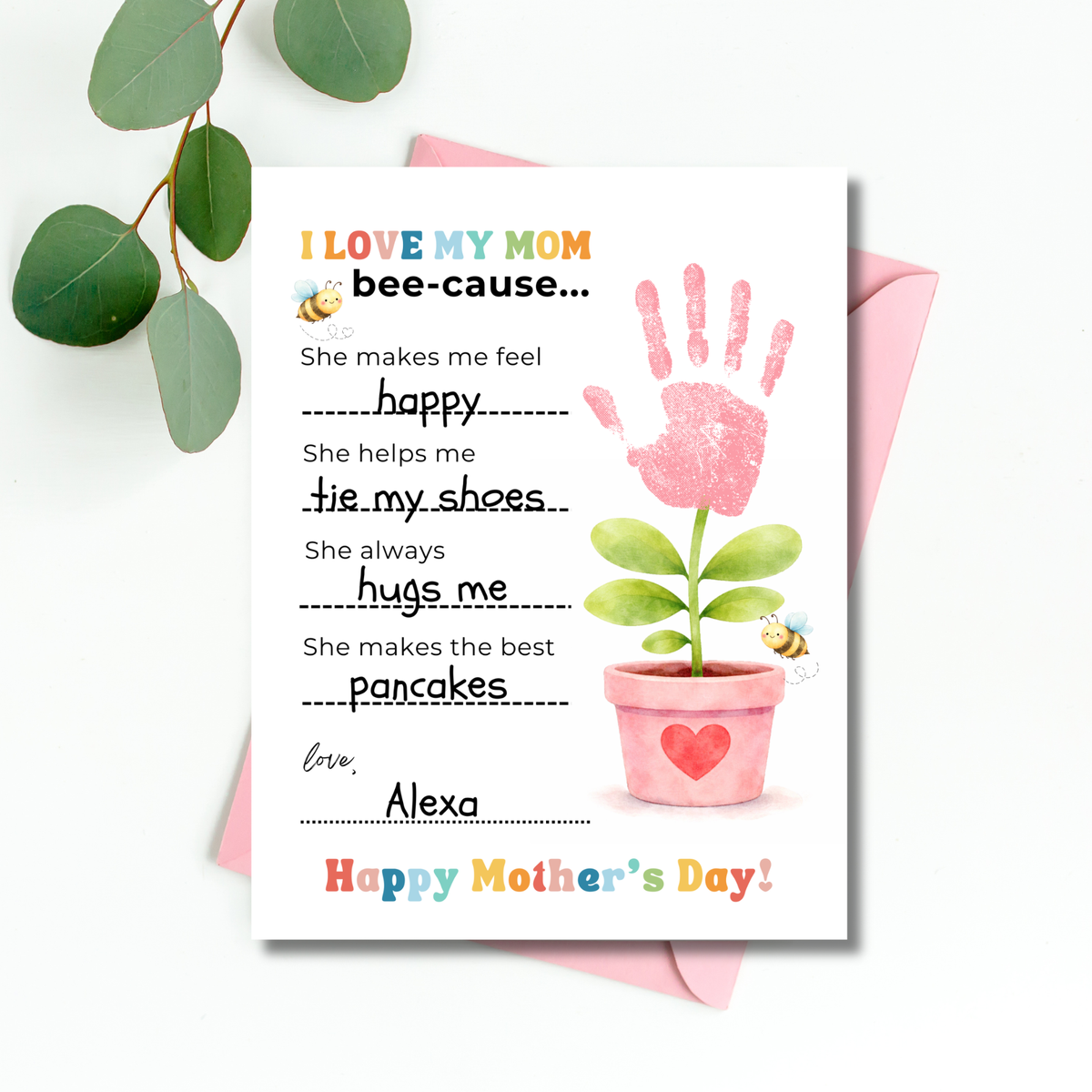 Mother’s Day Handprint Craft Printable | I Love My Mom Bee-cause Fill-in-the-Blank Keepsake | Preschool DIY Mom Gift | Kids Writing Activity PDF