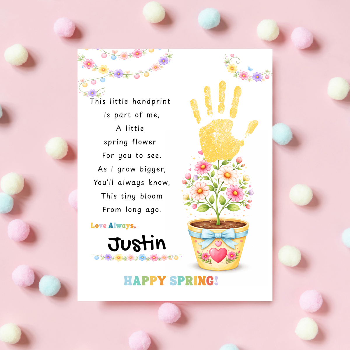 Spring Handprint Flower Craft Printable | Personalized Keepsake Poem Activity | Preschool Spring Art Gift | Kids Flower Pot Handprint PDF