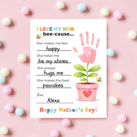 Mother’s Day Handprint Craft Printable | I Love My Mom Bee-cause Fill-in-the-Blank Keepsake | Preschool DIY Mom Gift | Kids Writing Activity PDF